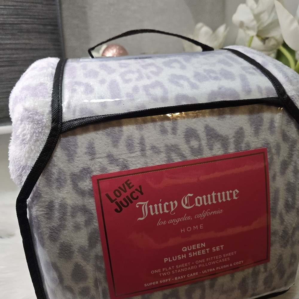 Juicy Couture 4pc Queen Plush Sheet Set Light purple Leopard Print Super Soft - Picture 2 of 4